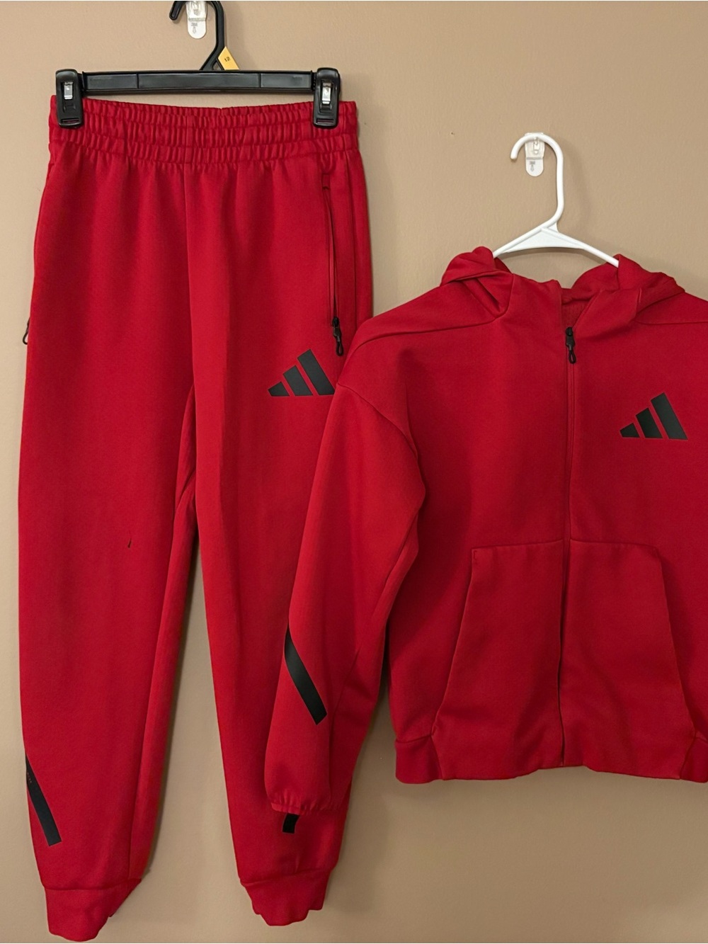adidas Kids Red Hoodie & Joggers Set with Black Logo Accents